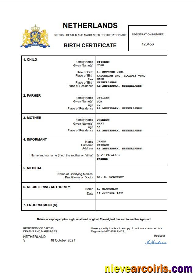 Netherlands vital record birth certificate